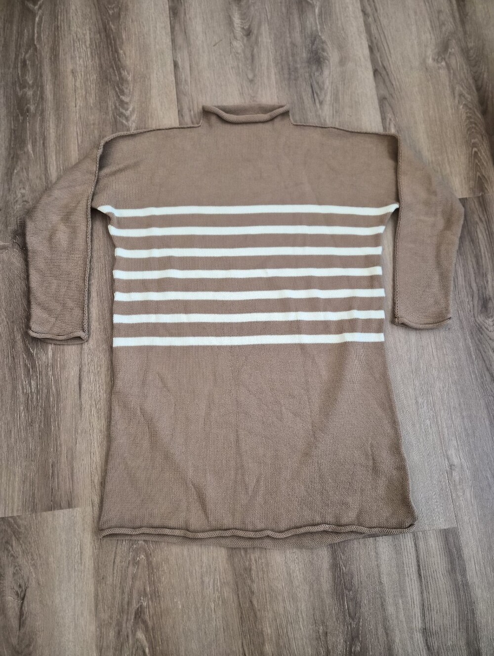 Frank & Eileen Tan Turtleneck Knit Sweater Dress with White Stripes